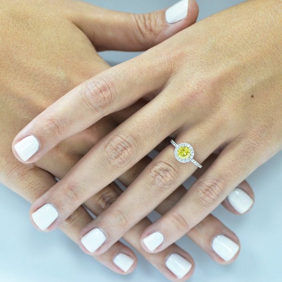 Halo Diamond Engagement Ring Fancy Yellow Round Shape 1.41 TCW 14K White Gold - Picture 3 of 11